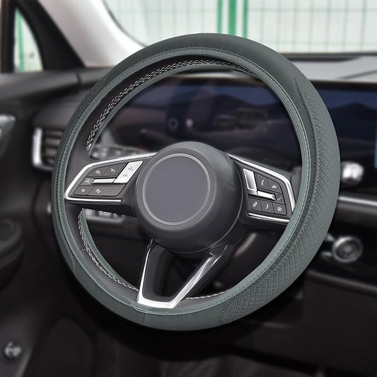 Car Steering Wheel Cover, Universal 14.5-15 Inch Grey Leather Steering Wheel Wrap with Better Sport Grip for Men Women, Anti-Slip Breathable Car Interior Accessories for Most Vehicles (Grey2)