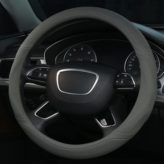 ALEMODR Gray Leather Steering Wheel Cover Universal 15 inch