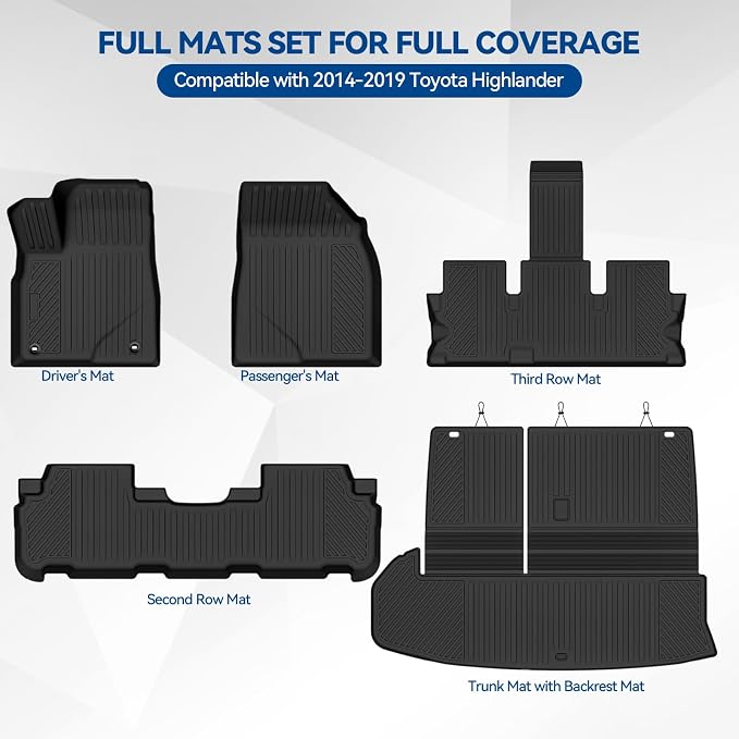 Custom Fit Floor Mats for 2014-2019 Toyota Highlander | All Weather TPE Floor Liners with Trunk Mat | Odorless Interior Accessories