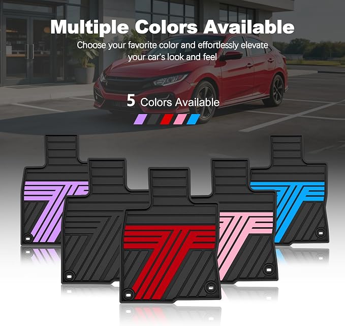 Rubber Floor Mats for Honda Civic Sedan 2016-2021 | All Weather Heavy Duty Car Mats Also Fit for Hatchback 2017-2021 & Coupe 2016-2020, 1st & 2nd Row, Black & Red