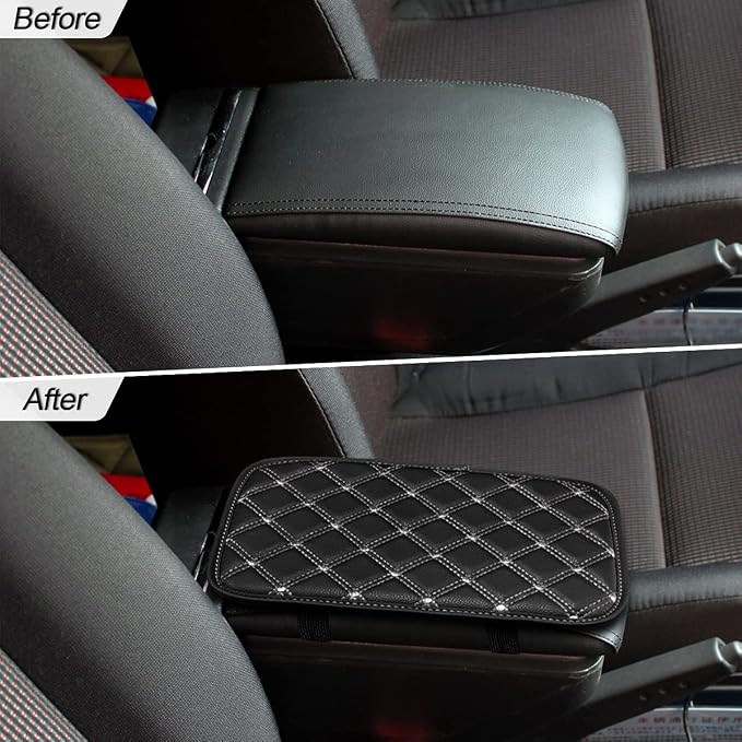 8sanlione Car Leather Center Console Cushion Pad, 11.4"x7.4" Waterproof Armrest Seat Box Cover Fit for Cars, Vehicles, SUVs, Comfort, Car Interior Protection Accessories (Black/White)