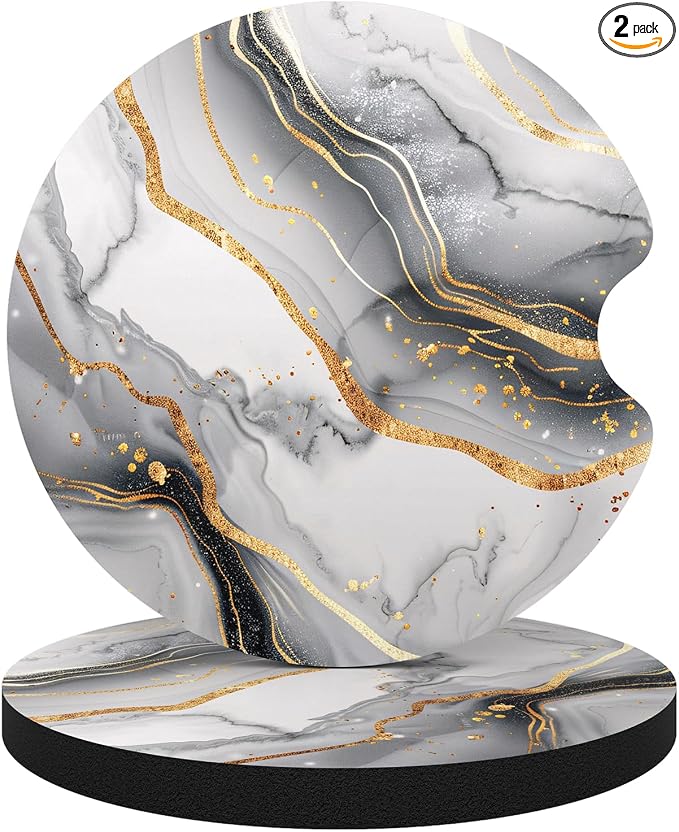 Aiawoxc Car Cup Holder Coasters, 2 Pack Universal Auto Anti Slip Insert Coaster with A Finger Notch, Cute Car Assecories for Women Men, Cup Mat for Most Interior, Gray Marble