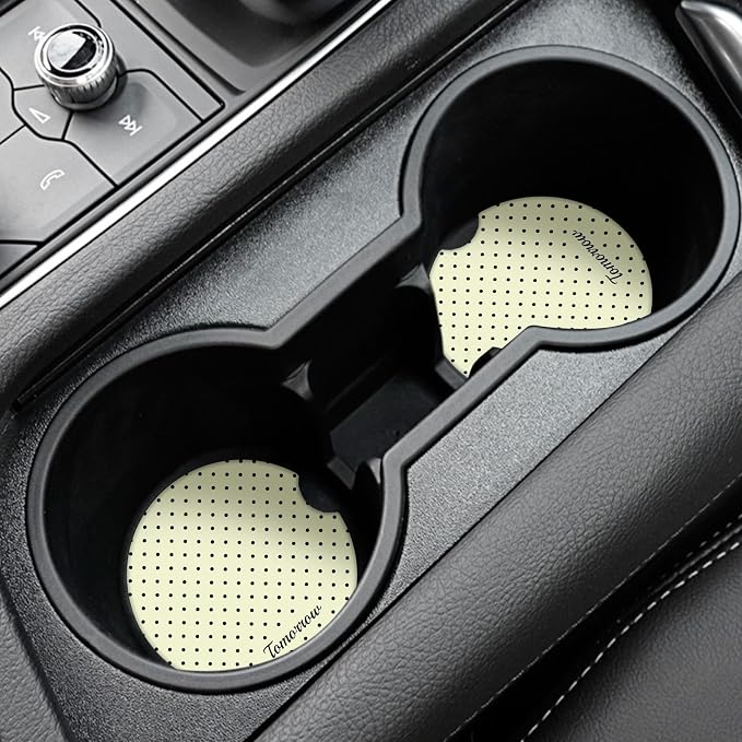 Cute Fashion Polka Dot Car Coasters 2 Pack for Cup Holders, 2.56 Inch Finger Notch Retro 70's Style Ceramics Heat Resistant Anti Slip Cork Base Car Drinks Coasters Auto Accessories-Yellow