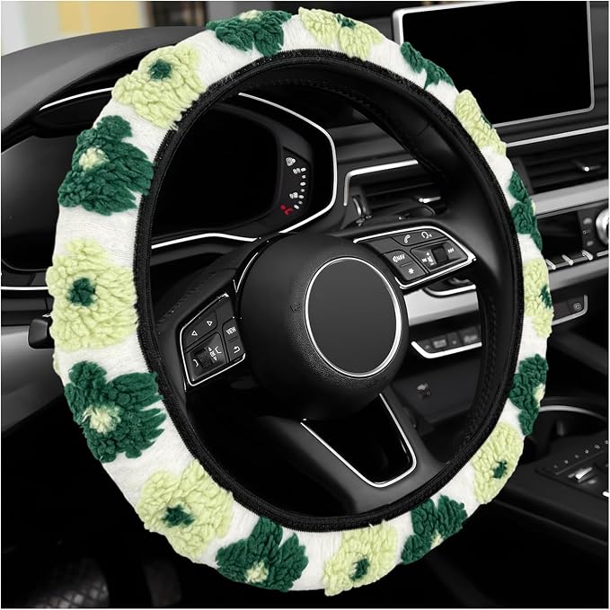 Plush Flowers Steering Wheel Cover, 15 inch Anti-Slip Breathable Steering Wheel Protector Cute Floral Decor, Elastic Soft Wheel Cover Universal Fit for Most Vehicles (Black Green)