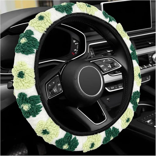 Plush Flowers Steering Wheel Cover, 15 inch Anti-Slip Breathable Steering Wheel Protector Cute Floral Decor, Elastic Soft Wheel Cover Universal Fit for Most Vehicles (Black Green)