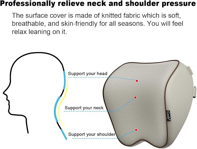 Crofy 2-Pack Car Neck Pillow, Headrest Pillow with Adjustable Strap, Gray | Soft Memory Foam; Ergonomic Design Fits Most Car & Office Chairs; Breathable Removable Pillow Cover Is Machine Washable