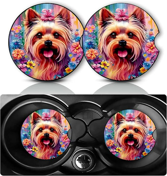 2PCS Colorful Yorkshire Terrier Car Coasters Universal Non-Slip Rubber Mat | Dog Auto Accessories Decor, 2.75" Car Coasters for Cup Holders with Finger Slot, Dogs Mom Gifts for Women Men Pet Lovers