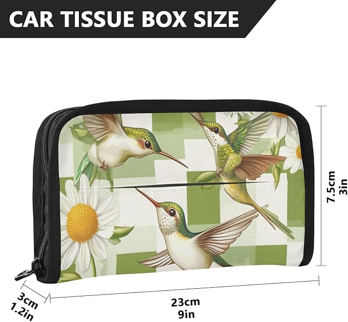 Car Visor Tissue Holder Mask Holder for Car, Car Tissue Box Sun Visor Napkin Holder Car Visor Accessories Adjustable Straps Reusable Durable Easy to Install Checkered Green and White Hummingb