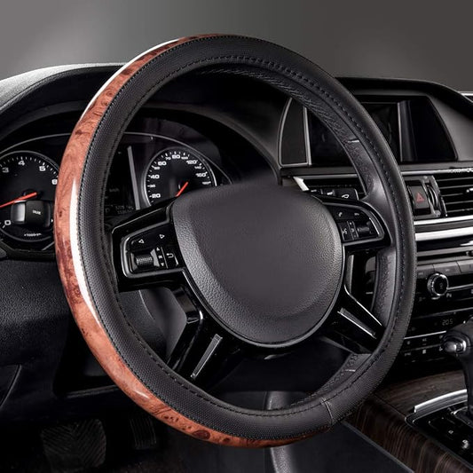CAR PASS Wood Grain Microfiber Leather Steering Wheel Cover, Universal Fit for 14 1/2-15 inch Black Steering Wheel, Anti-Skip Veins Design,Cars, Suvs,Vans, Sedans (Black)