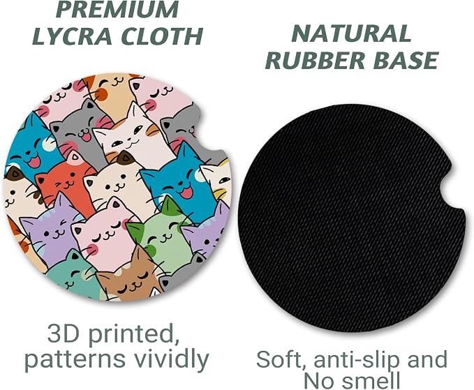 Yonlevres Car Coasters for Cup Holders，2.75" Anti Slip Rubber Mat with A Finger Notch, 2 Pack Car Cup Holder Coasters for Car Interior Accessories for Women Men Cat