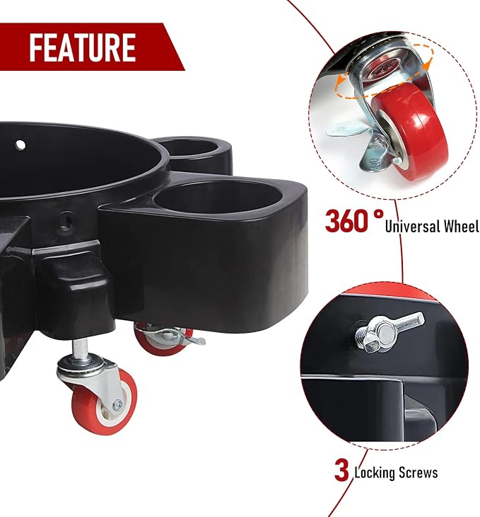 Car Wash Bucket Dolly, 5 Gallon Bucket Grit Trap, Removable Rolling Bucket Dolly with Side Organizer for Storing Spray Bottles and Detailing Kits, Suitable for Workshop Car Washing