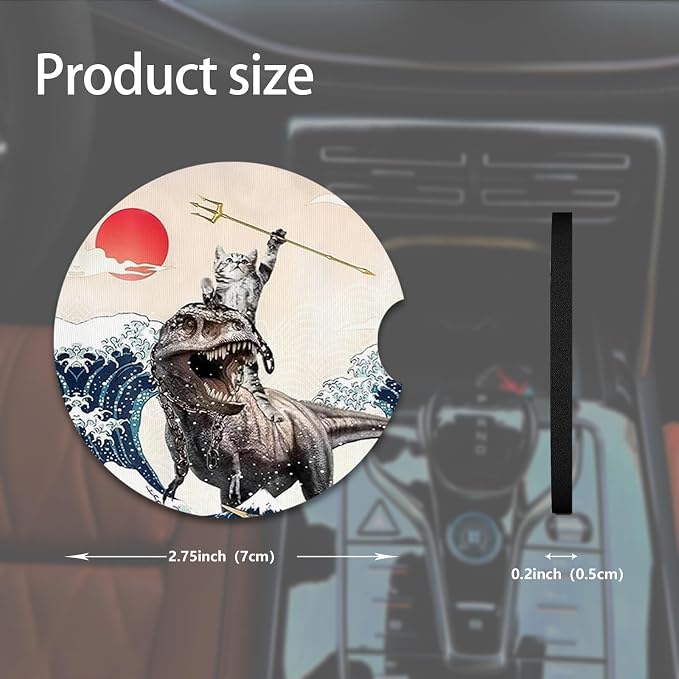2pcs Cute Dinosaur and Cat Car Coasters,Absorbent Universal neoprener Cup Holder Coasters with a Finger Notch,Car Accessories for Women&Man Interior，2.75" 10