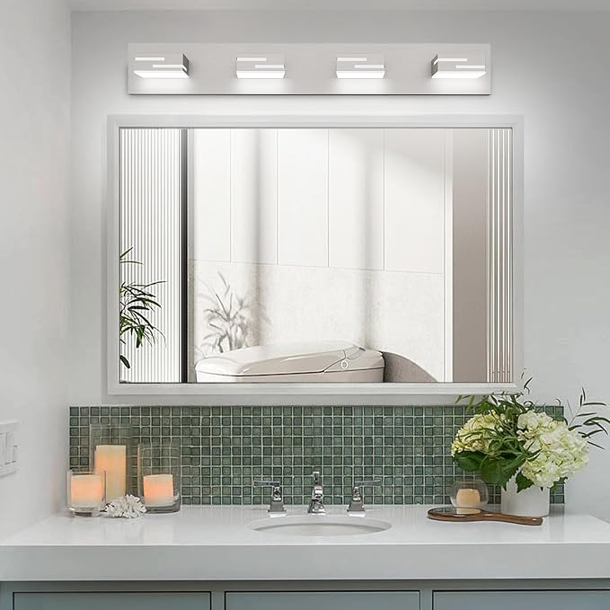 LED Modern Bathroom Vanity Light Fixtures, Dimmable Brushed Nickel Vanity Lights for Bathroom Lighting Fixtures Over Mirror, with 360° Rotatable Acrylic Heads 4-Light 30-inch (Cool White 6000K)