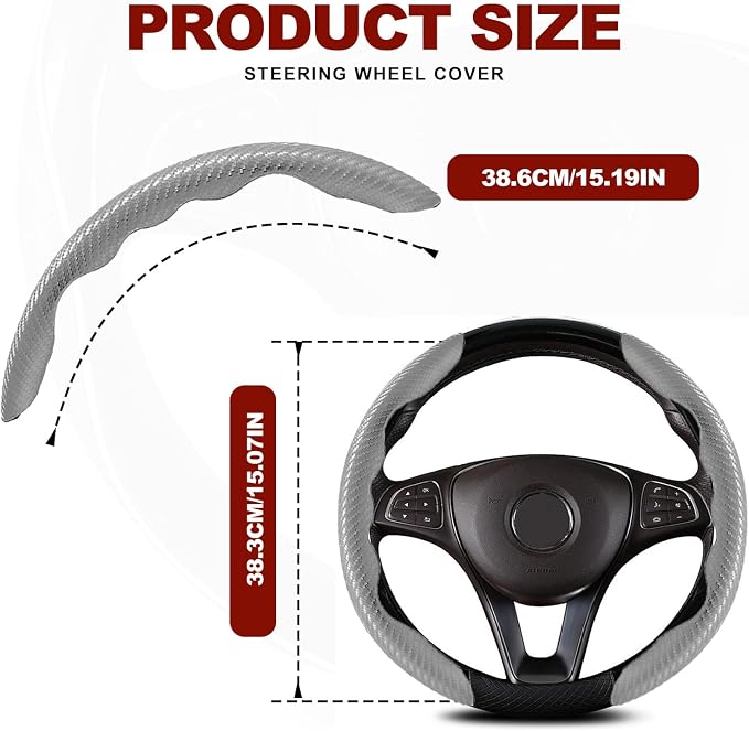 Universal Fit Carbon Fiber Steering Wheel Cover, Segmented Steering Wheel Protector, Carbon Fiber Anti-Skid Steering Wheel Cover Car Interior Accessories (2 Pcs Grey)