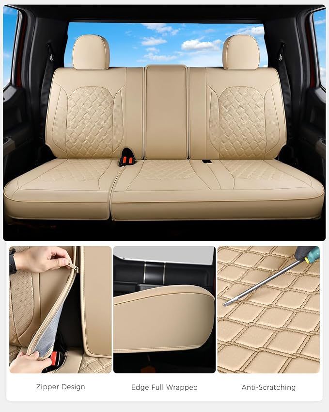 Huidasource F250 Rear Seat Covers, Beige Leather Back Seat Cushion Cover Fit for Ford F150 2015-2026&F250 F350 F450 2017-2026 Crew Cab XL XLT Lariat King Ranch Platinum, Split Rear Seat Cover