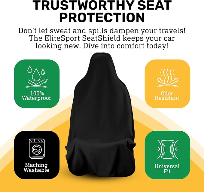 EliteSport Front Seat Cover, Universal Fit Waterproof, Sweatproof, Odor-Resistant, and Machine Washable Car Seat Protector with Non-Slip Underlayer for Pet, Travel, and Outdoor Adventure, Black, 2Pack