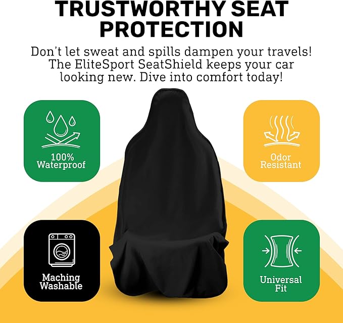 EliteSport Front Seat Cover, Universal Fit Waterproof, Sweatproof, Odor-Resistant, and Machine Washable Car Seat Protector with Non-Slip Underlayer for Pet, Travel, and Outdoor Adventure, Black