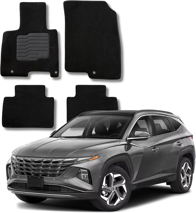 ecoMats Carpet Floor Mats Custom Fit for 2022 to 2026 Hyundai Tucson with Non-Slip Driver Heel Pad and Safety Holes, Front and Rear, Black (Not Fit for PHEV/Electric Models)