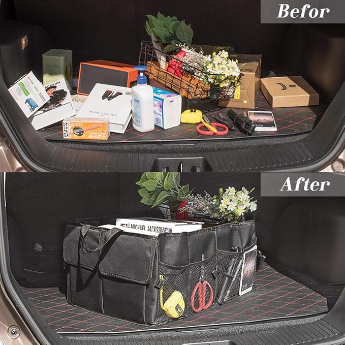 JiatuA Car Trunk Organizer for SUV Collapsible Car Storage Organizers Black | 8 Pocket Waterproof Dust-proof Sturdy Foldable Cargo Backseat Storage Adjustable Car Accessories for Sedan More Trunk Space
