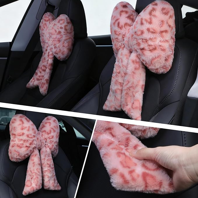 Macarrie 2 Pcs Leopard Car Neck Pillow Plush Butterfly Bow Car Headrest Pillow Comfortable Seat Neck Support Cute Head Rest Accessories for Driving Travel Driver Chair Girl Interior Decor(Pink)