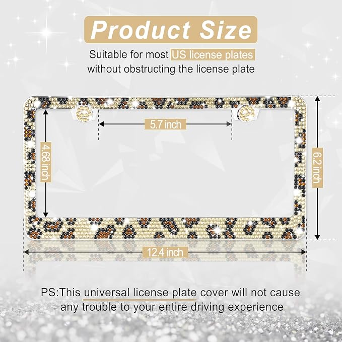 Amiss Bling License Plate Frame for Women, 1Pack Rhinestone Handcrafted Crystal Premium Stainless Steel, Stainless Steel Car Decorative Accessories with Diamond Sparkle Glitter Caps (Leopard Print)