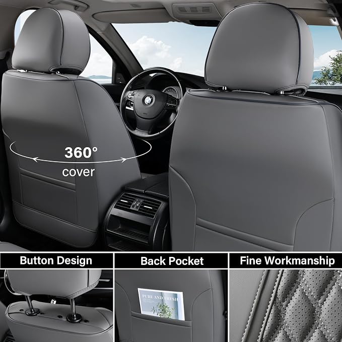 Coverado Leather Seat Covers, Car Seat Covers Full Set, Waterproof Seat Covers 5 Seats, Front and Back Car Seat Protector, Gray Car Seat Cover Universal Fit for Most Cars Suvs Trucks
