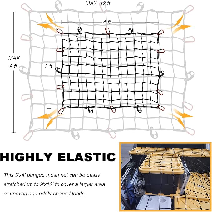 GSPSCN Cargo Net 3' x 4' for Truck Pickup Bed, Trailer,Boat,RV SUV Stretched to 9'x12' Max Roof Rack Net, 4”x4” Mesh Heavy Duty Bungee Cord Net for Tacoma,Frontier,Colorado & Subaru Crosstrek