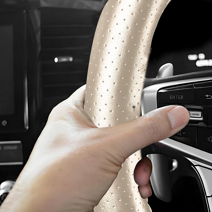 Genuine Leather Steering Wheel Cover, 15 Inch Stitch on Wheel Wrap with Needles & Threads, Breathable Steering Wheel Protector DIY Sewing Wrap for Car Truck SUV (Beige, Full Hole)