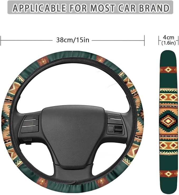 Wanyint Car Steering Wheel Cover for Women Men, 15 Inch Soft Neoprene Stretch Anti-Slip Washable Car Accessories Universal Fit for Sedans SUV, Southwest Aztec Brown Green