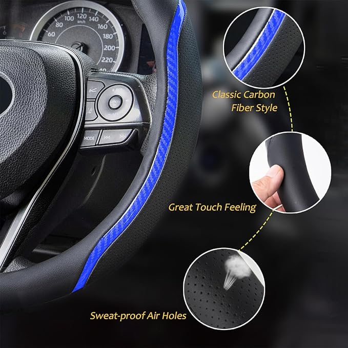 Steering Wheel Cover Blue and Black Leather Universal 14.5-15 inch | Carbon Fiber Car Steering Wheel Covers with Coasters Microfiber Breathable Anti-Slip Steering Wheel Accessories Set