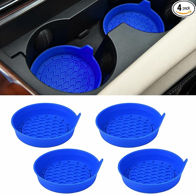 4 Pack Car Cup Holder Coaster, 3.15 Inch Non-Slip Silicone, Blue | Cup holder insert, spill proof ,raised lip, honeycomb base, rinse clean, fits most sedans suvs trucks, automotive accessories