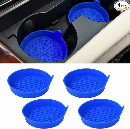 4 Pack Car Cup Holder Coaster, 3.15 Inch Non-Slip Silicone, Blue | Cup holder insert, spill proof ,raised lip, honeycomb base, rinse clean, fits most sedans suvs trucks, automotive accessories