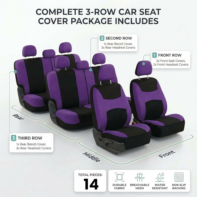 FH Group Automotive Seat Covers Light & Breezy Flat Cloth Seat Cover Three Row Set Purple, Airbag and Split Rear Car Seat Cover Universal Fit Interior Accessories Cars Trucks SUV Car Accessories