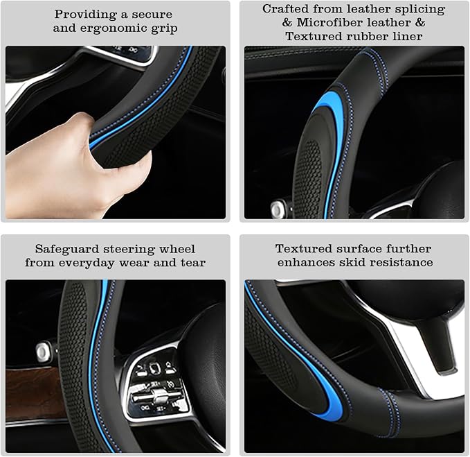 Leather Splicing Black Blue Car Steering Wheel Cover,14.5-15 Inch Universal Microfiber Leather Covers Breathable Anti-Slip Odorless Steering Wheels Accessories for Men Women