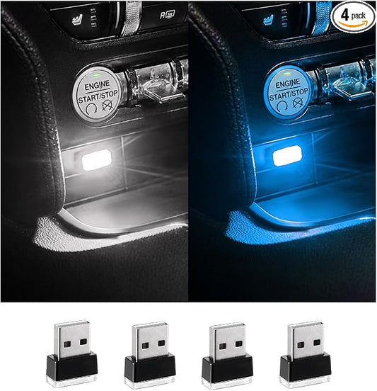 Augeny 4 PCS USB LED Car Interior Atmosphere Lamp, Plug-in USB Decor Night Light, Portable Auto Ambient Lighting Kit, Universal Vehicle Interior Accessories for Most Cars (White & Ice Blue)