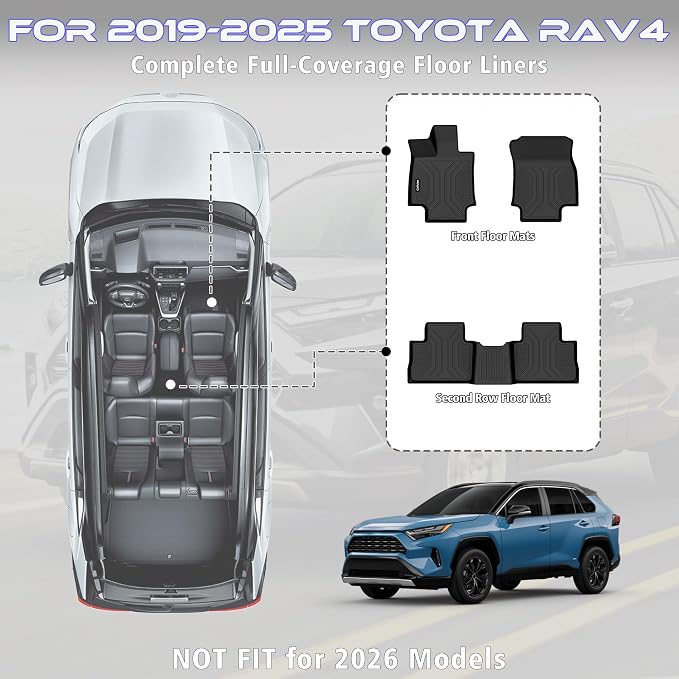 Floor Mats for Toyota RAV4 2019-2025 (Include Hybrid) | All Weather TPE Floor Liners, Custom Fit Floor Mat for RAV4, Front&Rear 2 Row Car Mats & Door Sills