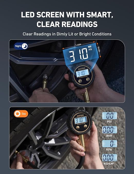 AstroAI Tire Pressure Gauge for Cars with Backlit LED, Solid Brass with Rubber Hose, Air Bleeder Valve, ANSI B40.7 Grade 2A(±0.5%), 3-250PSI
