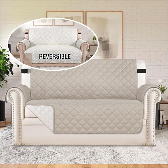 H.VERSAILTEX Reversible Couch Cover for 2 Cushion Couch Water Resistant Loveseat Washable Furniture Cover with Non-Slip Elastic Strap for Dogs, Pets, Kids(Oversized Loveseat, Pale Oak)