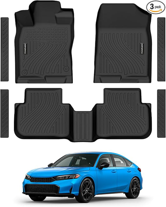 Floor Mats for Honda Civic 2022-2026 Gas Sedan(2nd Row w/o USB Port) & 2026 Sedan Hatchback Si Hybrid TPE Floor Liners Fit for Civic 1st & 2nd Row & Door Sill Guards Anti-Slip Full Set Car Mats