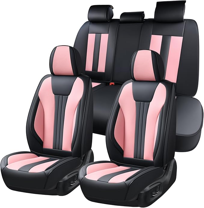 Huidasource Full Set Car Seat Covers, Premium Waterproof Faux Leather, Universal Fit for Most Cars, SUVs & Trucks, Airbag Safe, Quick to Install, Black & Pink