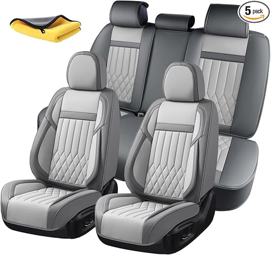 Universal 5-Seater Waterproof Breathable Nappa Leather Car Seat Covers Full Set, Compatible with Toyota Corolla Camry, Lexus LS400, Nissan Rogue, Fit Front Rear Seats Most Sedans SUV- Gray