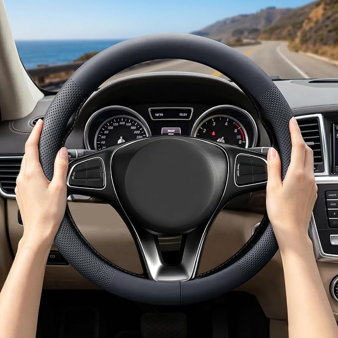 Premium Nappa Leather Steering Wheel Cover, Universal, Comfort Grip, Anti-Slip Breathable, Compatible with 14.5-15 in Steering Wheel Protector, Black