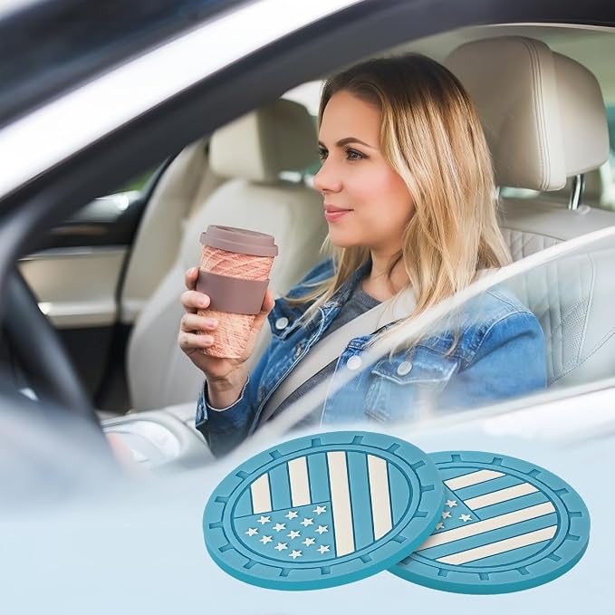 AUCELI 2 Pack Car Cup Holder Coasters, Colored American Flag US Flag Insert Car Cup Coaster, 2.75 Inch Anti Slip Shockproof Embedded Drink Mat, Vehicle Interior Decor Accessories