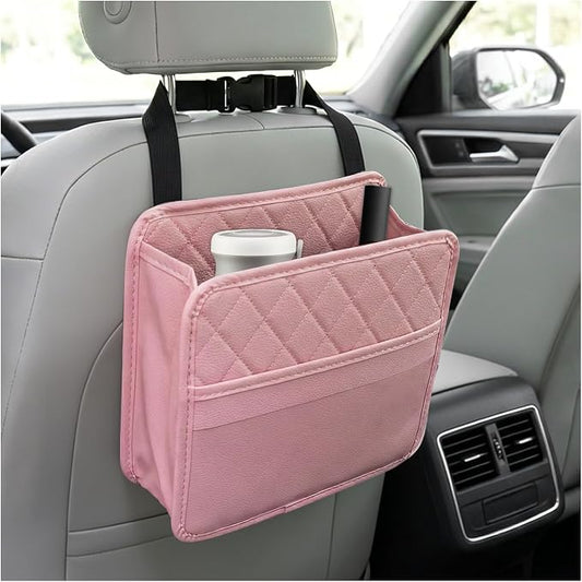 Car Seat Back Organizer, Waterproof Leather Auto Backseat Storage Pocket for Travel Essentials, Universal Multipurpose Backseat Hanging Storage Bag for Cars SUVs Trucks (Pink)