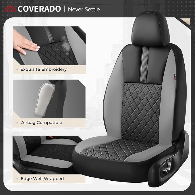 Coverado Car Seat Covers Front Pair, Automotive Leather Seat Covers for Car，Universal Fit Front Back Seat Cover, Non-Slip Waterproof Breathable Car Seat Protector