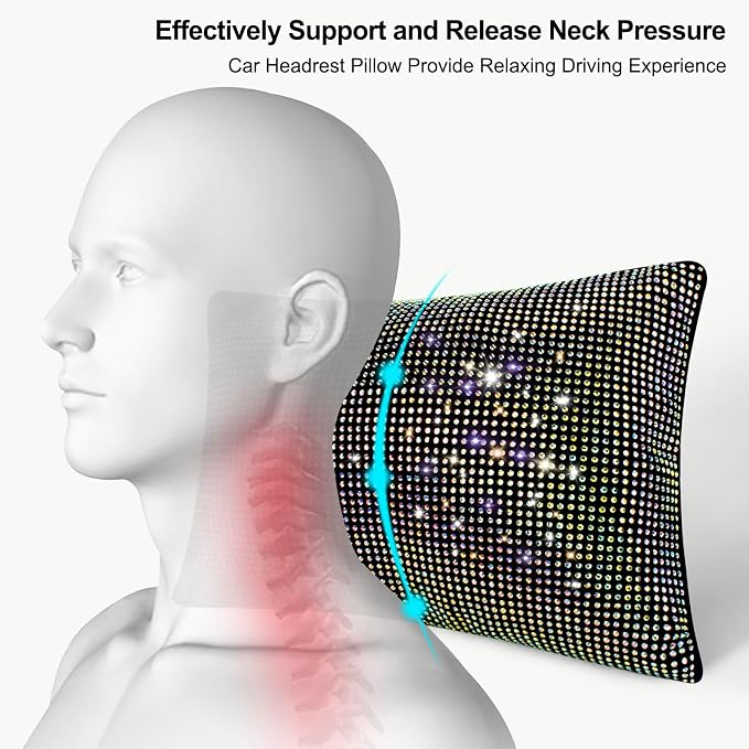 surpassme 2PCS Rhinestone Car Headrest Neck Pillow for Driving with Bling Bling Crystal Bow Pillow Car Accessories for Women (Color)