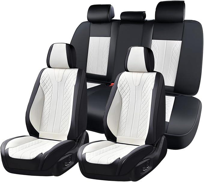 FLORICH Seat Covers Full Set Luxury Faux Leather Front and Rear Car Seat Cover Waterproof Automotive Seat Covers 5 Seats Car Seat Protector Universal Fit for Most Cars SUV Trucks, Black&White