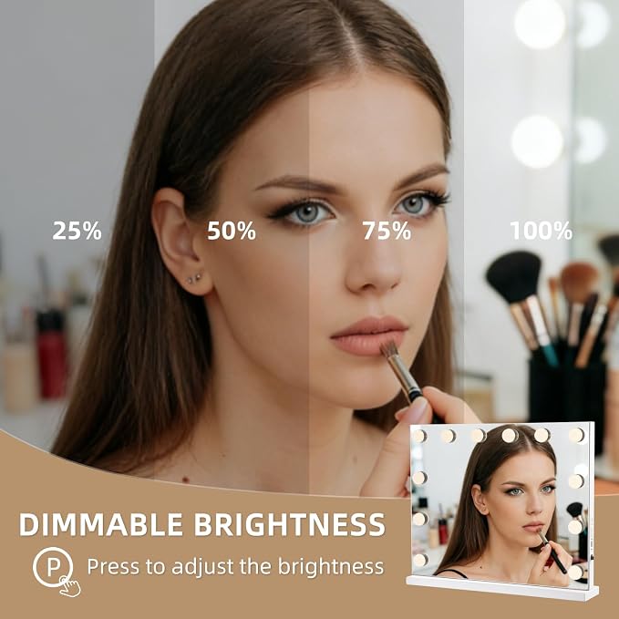 Vanity Mirror with Lights, 19.7"x16.5" Hollywood Mirror with 12 Dimmable LED Bulbs, 3 Color Lighting Modes & 10X Magnification Desk Wall-Mounted Makeup Vanity Mirror