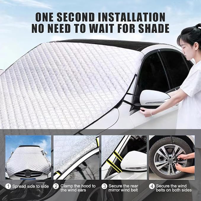 1 PC Car Half Car Cover Sunshade, Windshield Hood All-Season Protection Waterproof Dustproof Frostproof Portable Car Cloth, Outdoor Indoor Foldable Protective Cover, Universal for Cars (Silver)