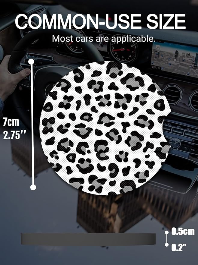 WOCOCN Cute Cup Holder Coasters for Car with Fingertip Grip, Auto Accessories for Women & Men,Pack of 2 (Snow Leopard)